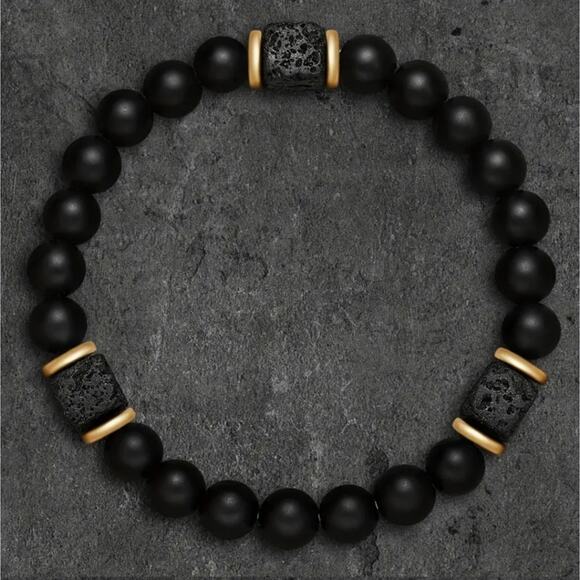 Men's lava rock and obsidian stretchy beaded bracelet with gold accents - Picture 1 of 3